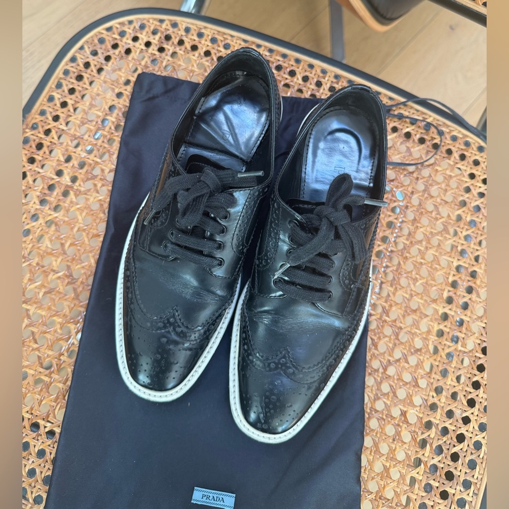 Prada Black Leather Oxfords with White Sole
